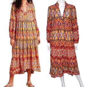 Anthropologie Maeve Tamarind Tiered Maxi Dress in Ikat Multicolor Print Size SP